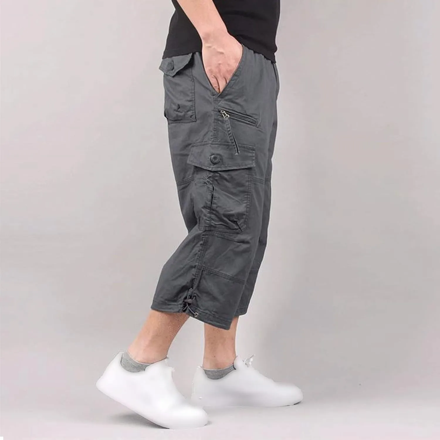 Men's Capri Long Elastic Cargo Shorts Relaxed Fit Below Knee Pants Relaxed Fit Work Pants Big and Tall