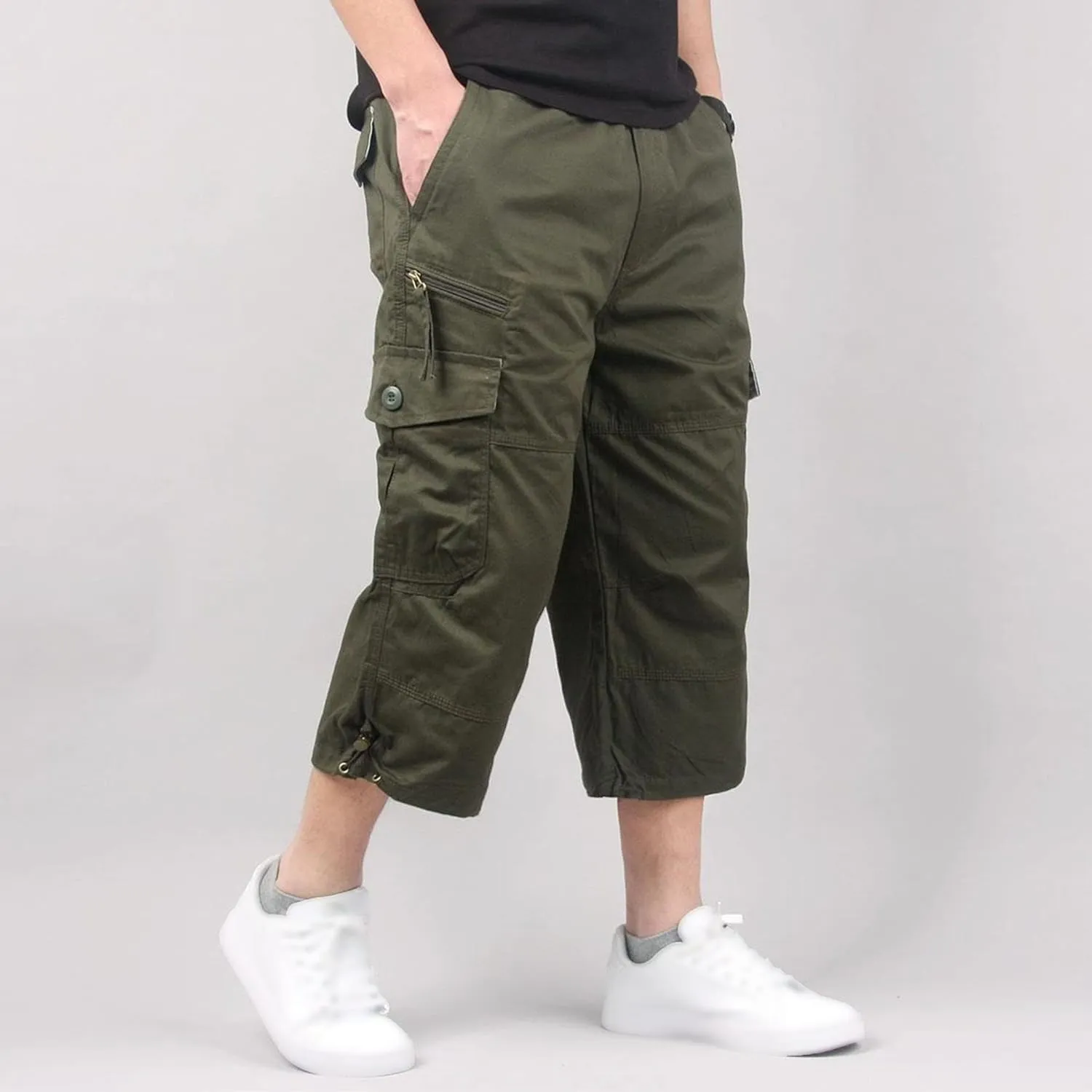 Men's Capri Long Elastic Cargo Shorts Relaxed Fit Below Knee Pants Relaxed Fit Work Pants Big and Tall