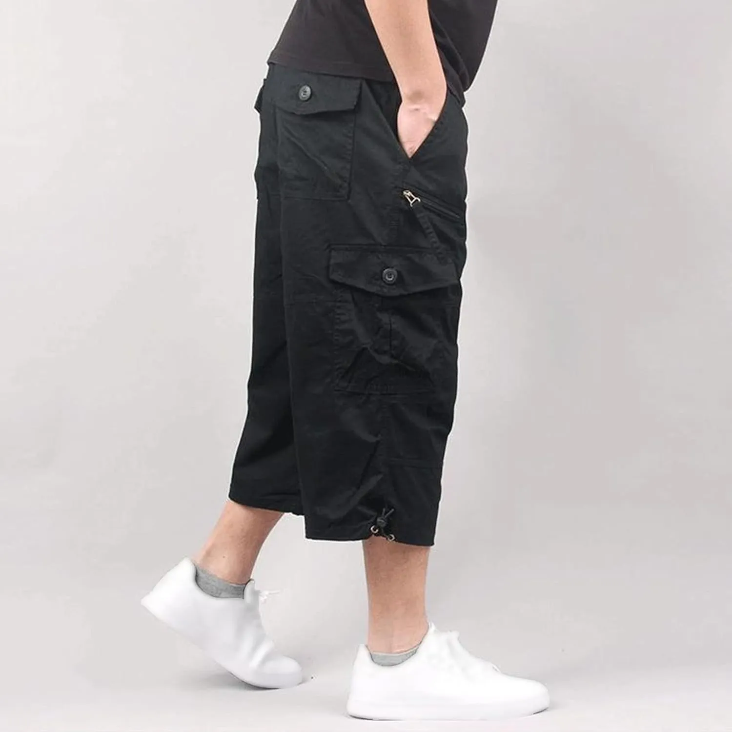 Men's Capri Long Elastic Cargo Shorts Relaxed Fit Below Knee Pants Relaxed Fit Work Pants Big and Tall