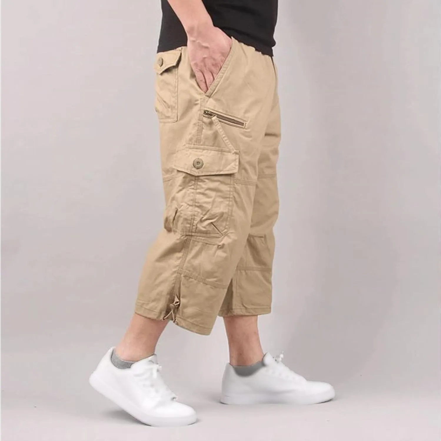 Men's Capri Long Elastic Cargo Shorts Relaxed Fit Below Knee Pants Relaxed Fit Work Pants Big and Tall