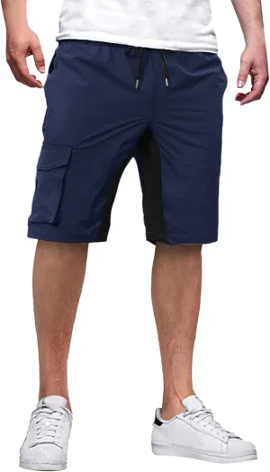 Mens Cargo Shorts Casual Drawstring Colorblock Outdoor Stretch Hiking Workout Summer Stretch Pants with Multi Pockets