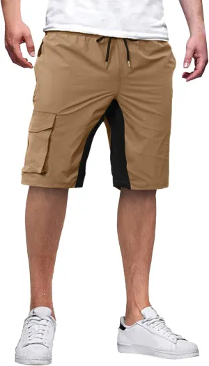 Mens Cargo Shorts Casual Drawstring Colorblock Outdoor Stretch Hiking Workout Summer Stretch Pants with Multi Pockets