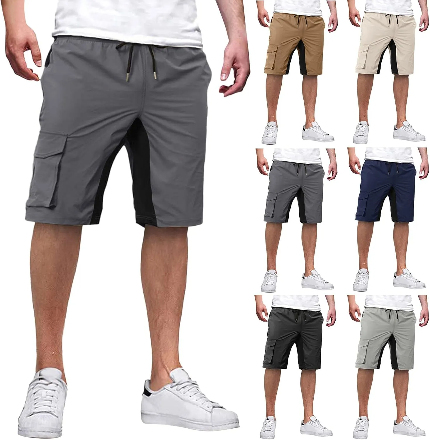 Mens Cargo Shorts Casual Drawstring Colorblock Outdoor Stretch Hiking Workout Summer Stretch Pants with Multi Pockets