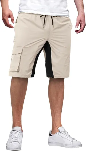 Mens Cargo Shorts Casual Drawstring Colorblock Outdoor Stretch Hiking Workout Summer Stretch Pants with Multi Pockets