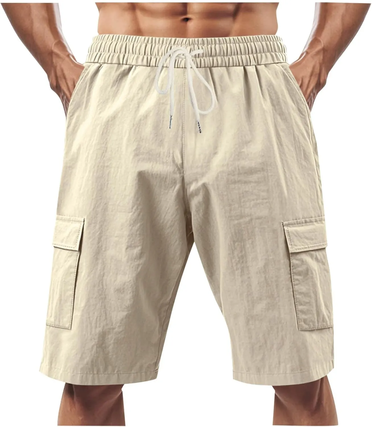 Men's Cargo Shorts Casual Elastic Waist Drawstring Lightweight Summer Beach Shorts