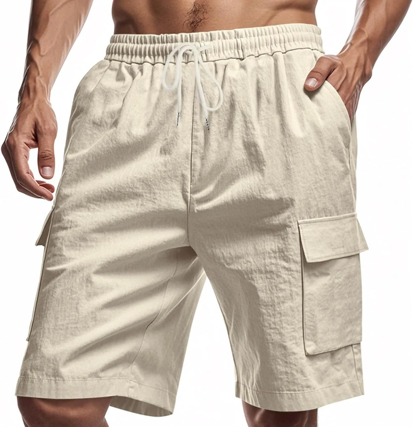 Men's Cargo Shorts Casual Elastic Waist Drawstring Lightweight Summer Beach Shorts