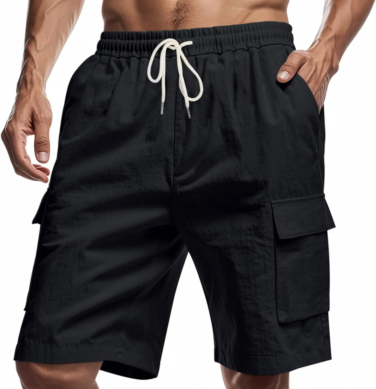 Men's Cargo Shorts Casual Elastic Waist Drawstring Lightweight Summer Beach Shorts