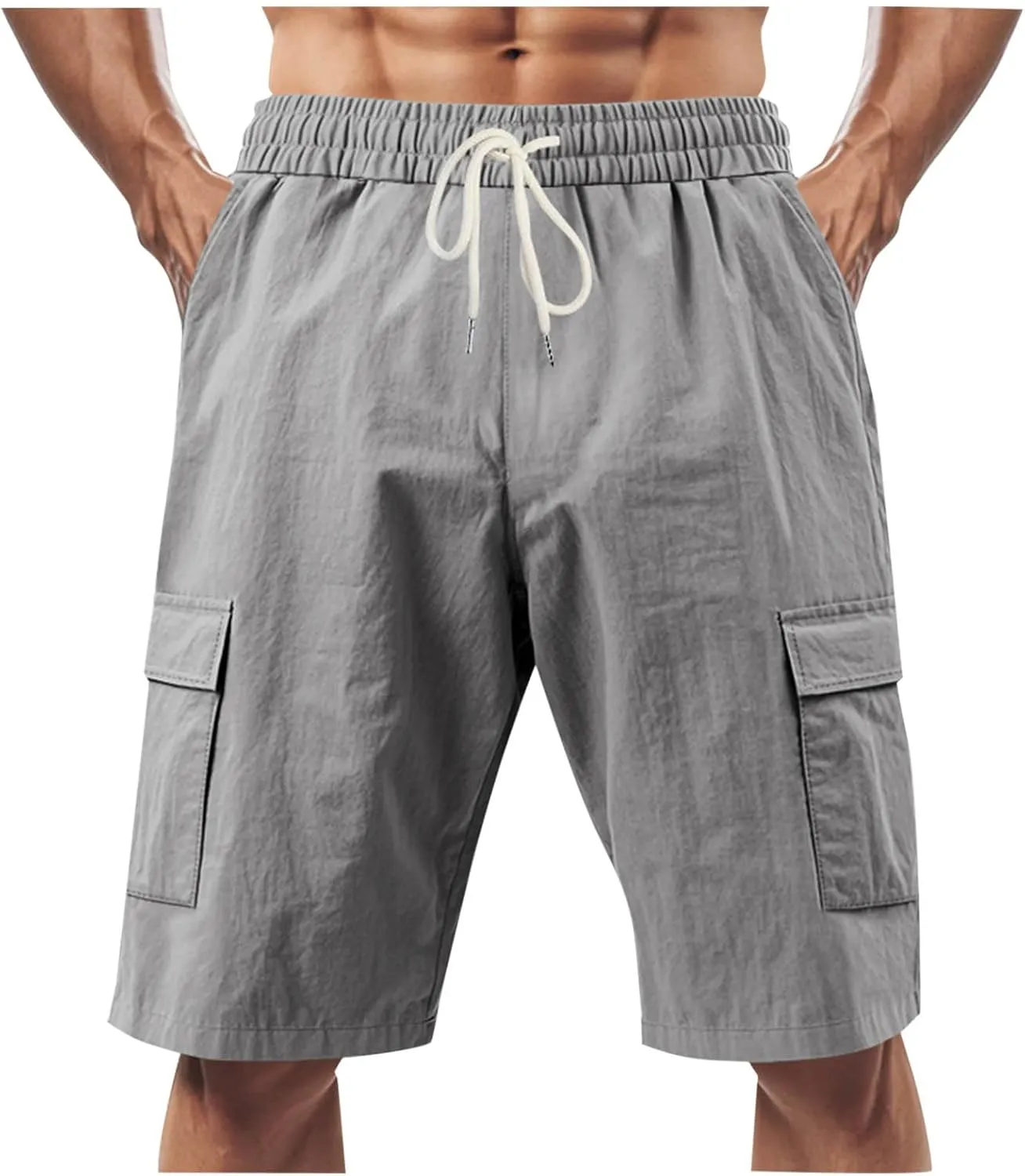 Men's Cargo Shorts Casual Elastic Waist Drawstring Lightweight Summer Beach Shorts
