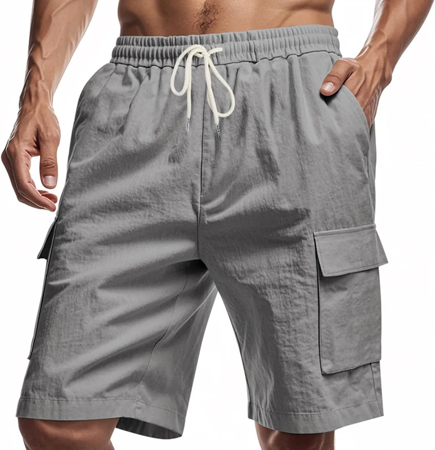 Men's Cargo Shorts Casual Elastic Waist Drawstring Lightweight Summer Beach Shorts