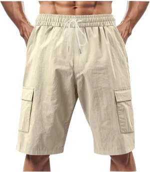 Men's Cargo Shorts Casual Elastic Waist Drawstring Lightweight Summer Beach Shorts
