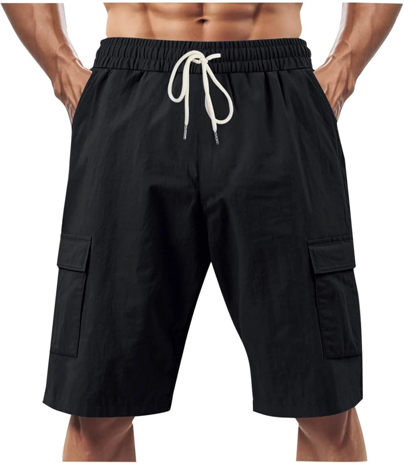 Men's Cargo Shorts Casual Elastic Waist Drawstring Lightweight Summer Beach Shorts