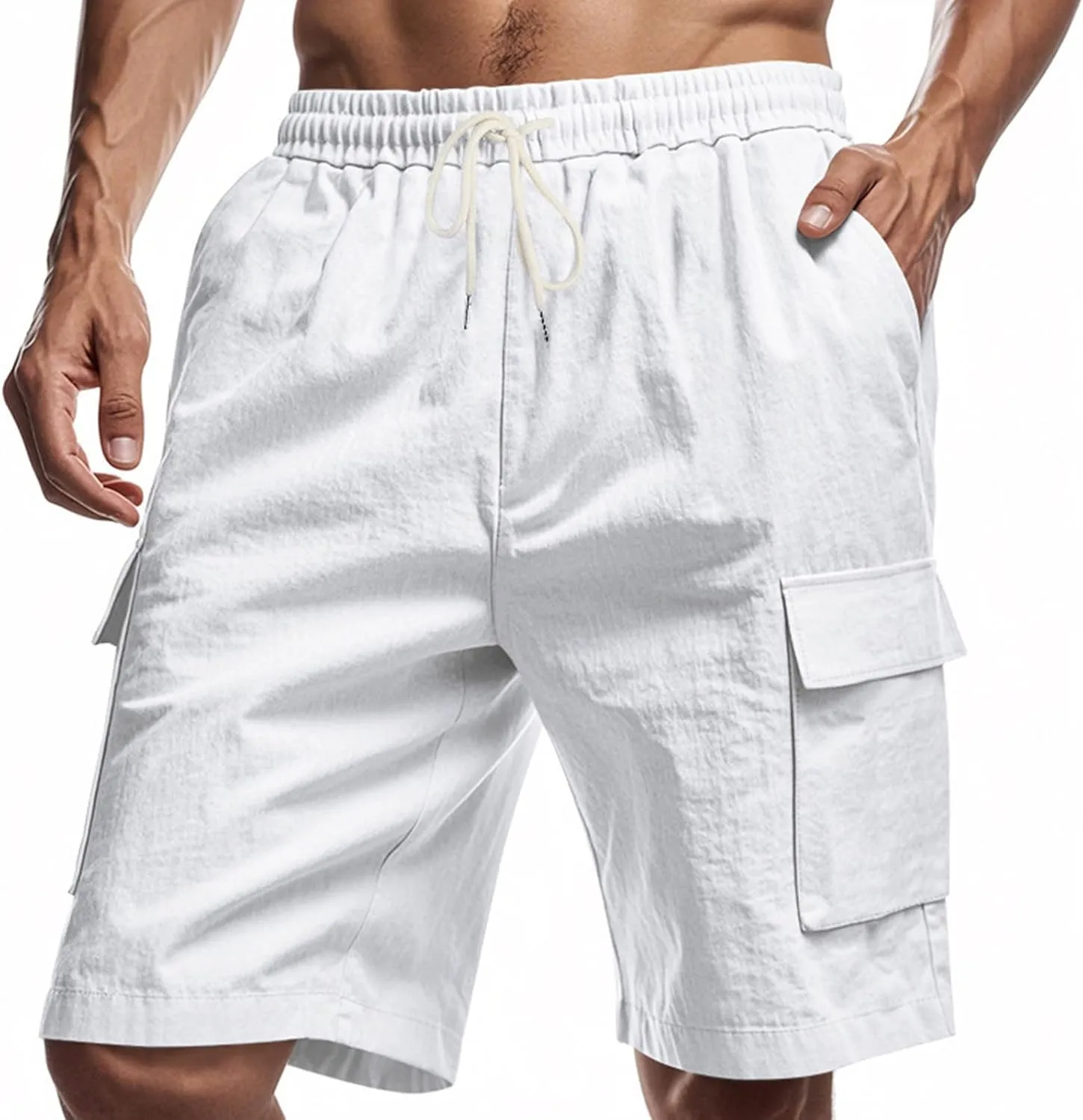 Men's Cargo Shorts Casual Elastic Waist Drawstring Lightweight Summer Beach Shorts