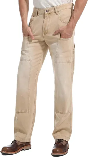Mens Carpenter Jeans Double Knee Denim Cargo Pants Relaxed Fit