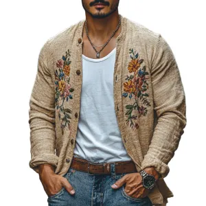 Men's Casual Linen Embroidered Stand Collar Loose Long Sleeve Shirt 86408595M