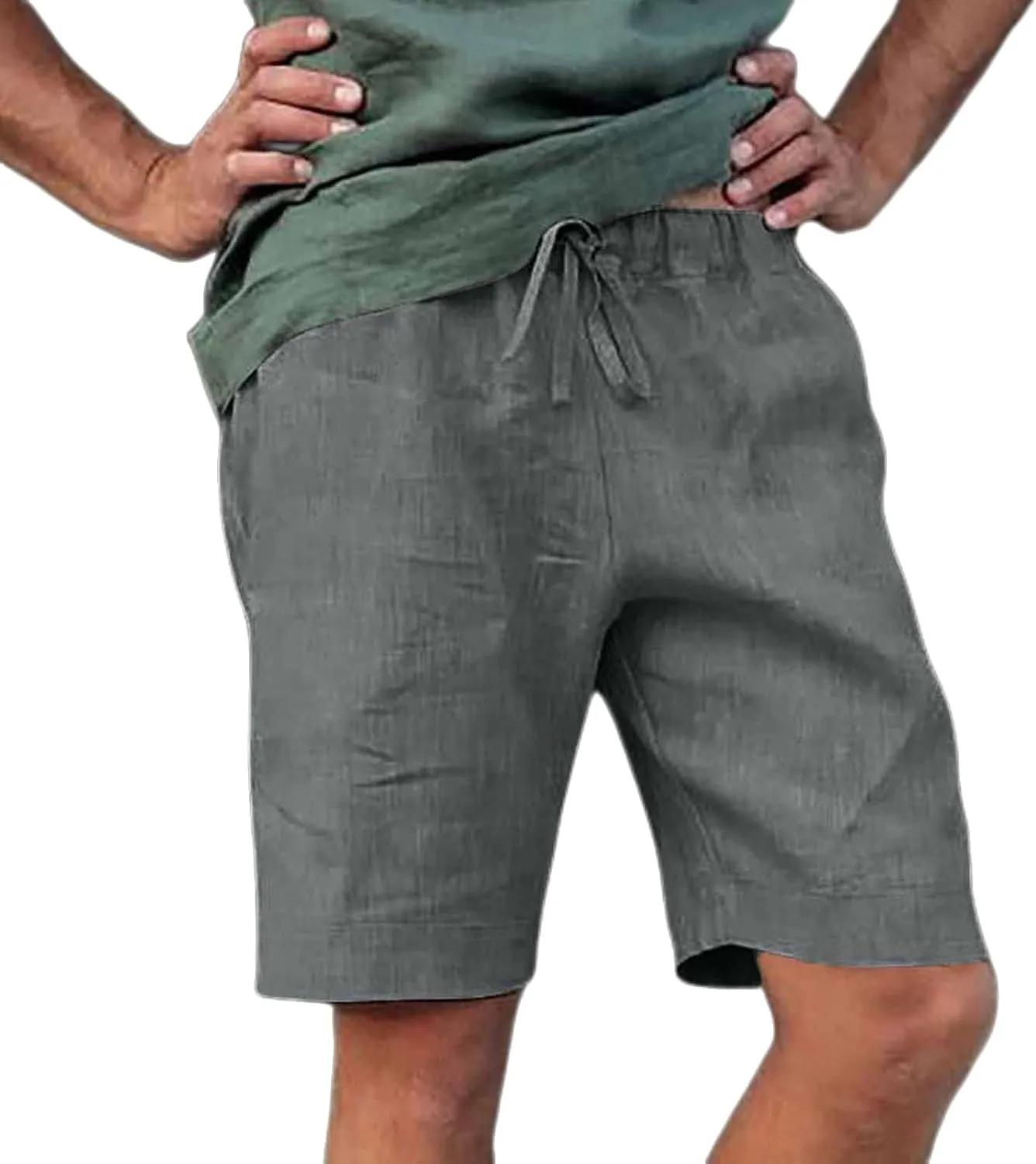 Mens Casual Linen Shorts Cotton Drawstring Stretch Summer Beach Shorts Relaxed Fit Outdoor Pants Lounge Shorts