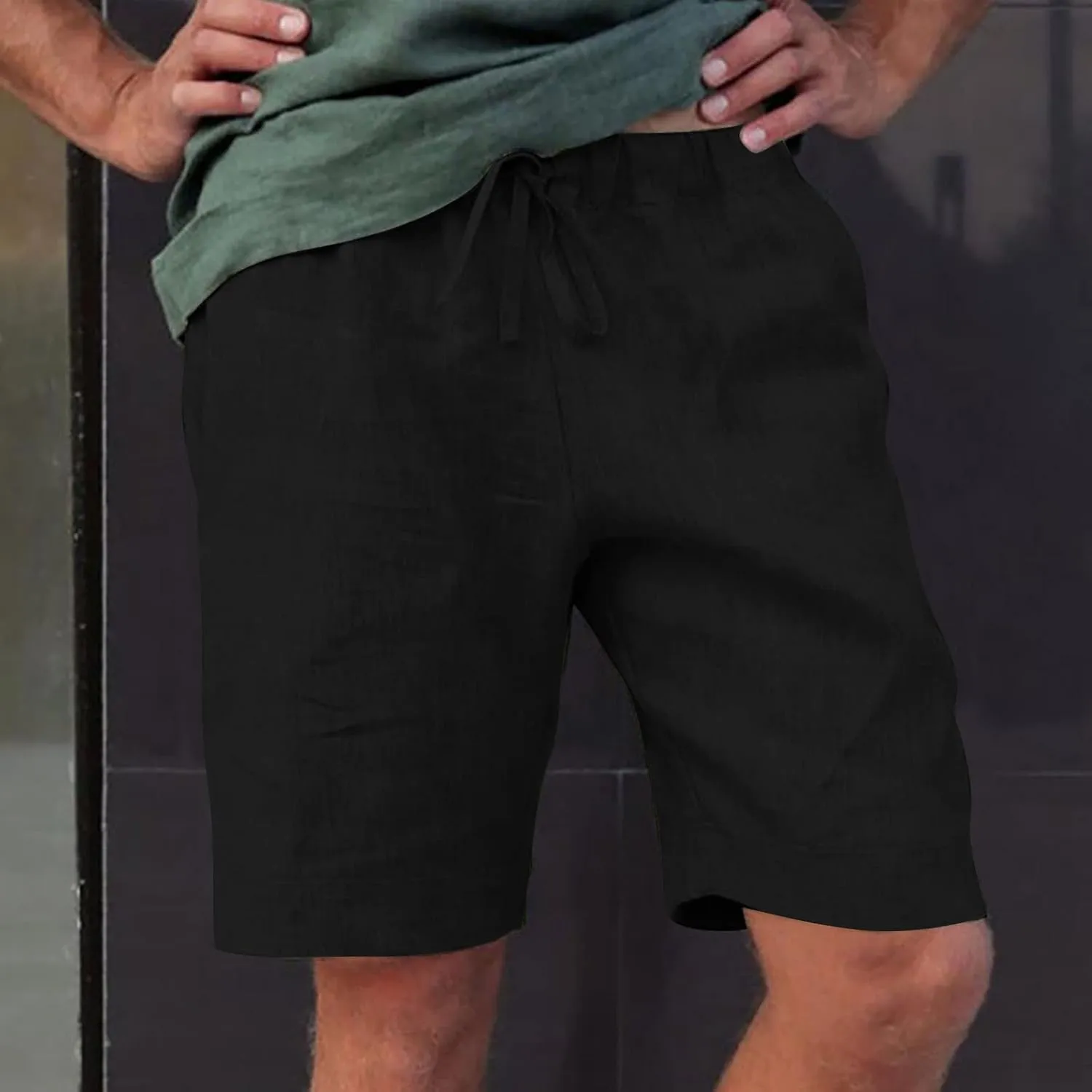 Mens Casual Linen Shorts Cotton Drawstring Stretch Summer Beach Shorts Relaxed Fit Outdoor Pants Lounge Shorts