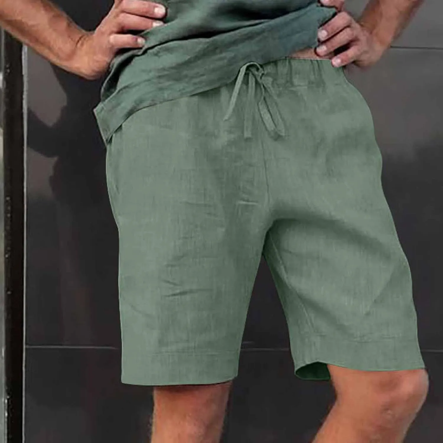 Mens Casual Linen Shorts Cotton Drawstring Stretch Summer Beach Shorts Relaxed Fit Outdoor Pants Lounge Shorts