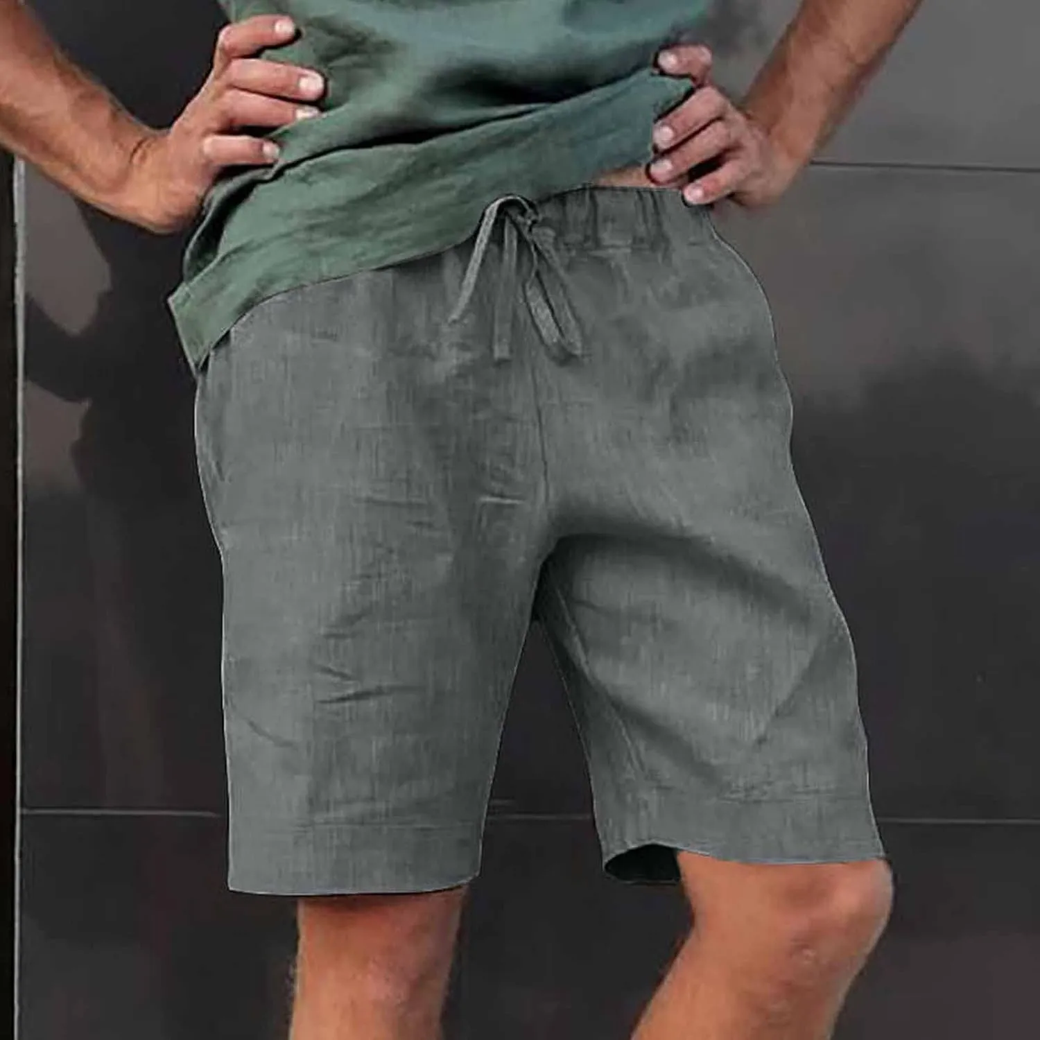 Mens Casual Linen Shorts Cotton Drawstring Stretch Summer Beach Shorts Relaxed Fit Outdoor Pants Lounge Shorts