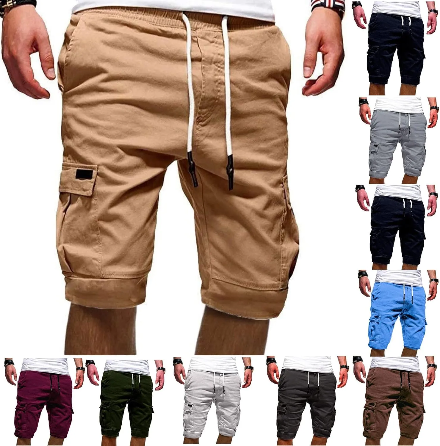 Men's Classic Cargo Shorts, Elastic Waist Loose Lightweight Work Shorts Outdoor Hiking Athletic Shorts with Pockets