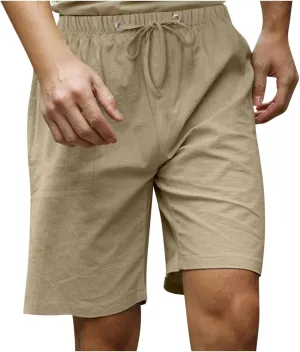 Men's Cotton Linen Shorts Elastic Waist Drawstring Shorts with Pockets Baggy Running Shorts Basketball Shorts