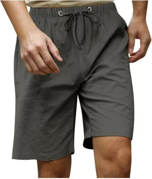 Men's Cotton Linen Shorts Elastic Waist Drawstring Shorts with Pockets Baggy Running Shorts Basketball Shorts
