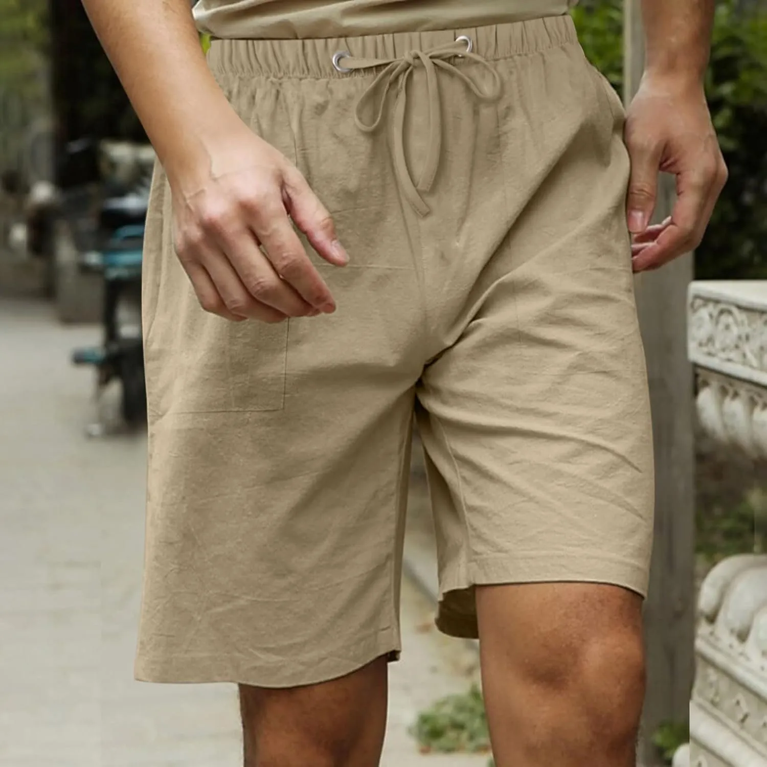Men's Cotton Linen Shorts Elastic Waist Drawstring Shorts with Pockets Baggy Running Shorts Basketball Shorts