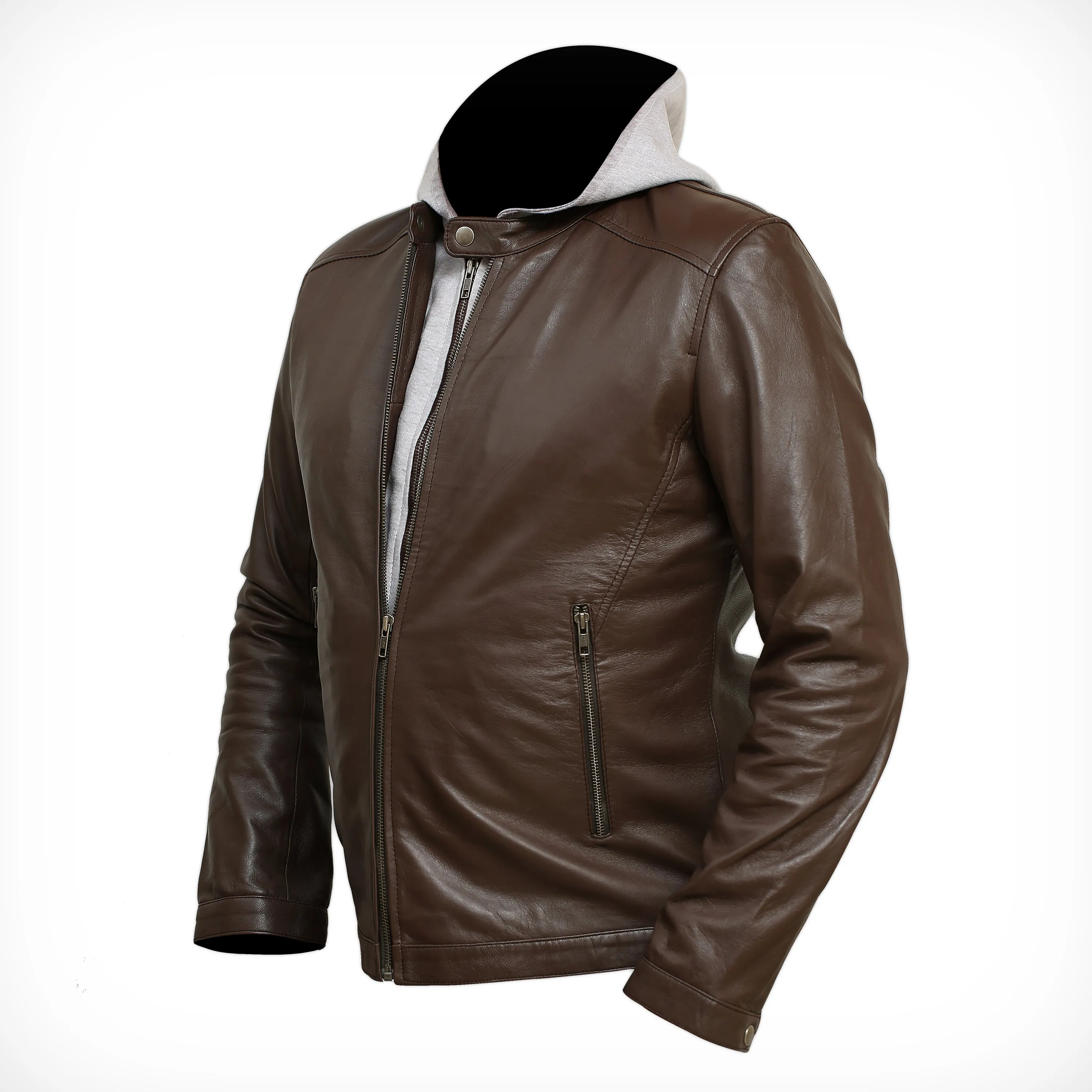 Men's Hooded Bomber Brown Leather Jacket