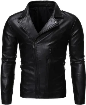 Men's Iconic Caf Racer Cross Zip Real Sheepskin Black Biker Leather Jacket Moto Riding Asymmetric Winter Brando Coat