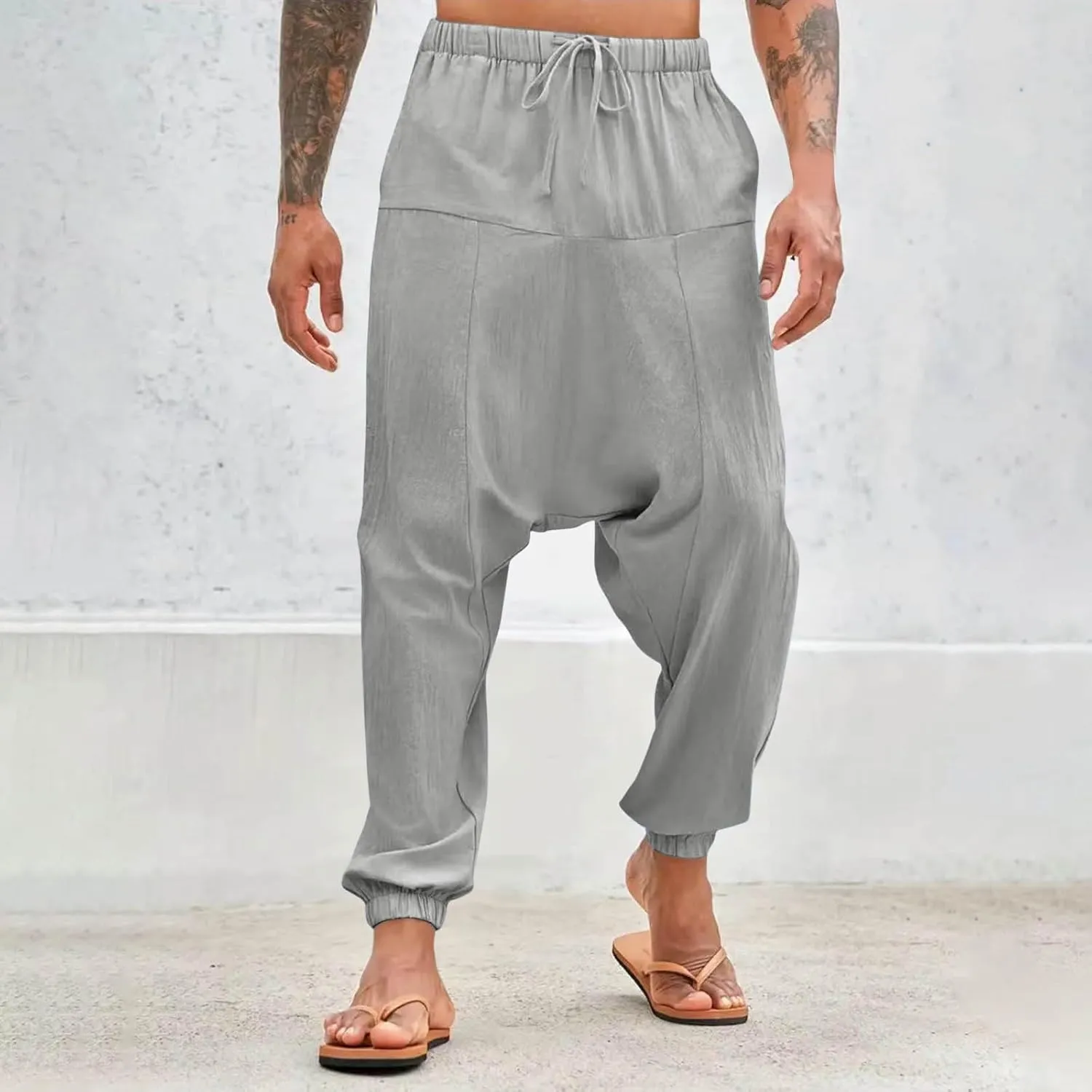 Men's Linen Pants Casual Pants Relaxed-Fit Beach Pants Summer Trousers Drawstring Elastic Waist Pants