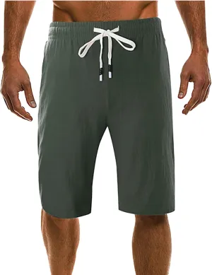 Men's Linen Summer Shorts Elastic Waist Drawstring Summer Beach Shorts