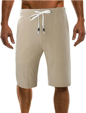 Men's Linen Summer Shorts Elastic Waist Drawstring Summer Beach Shorts
