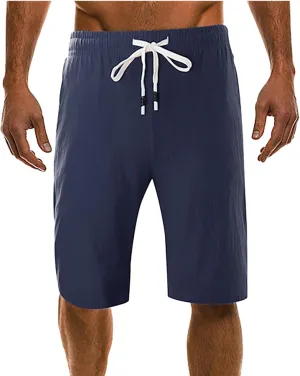 Men's Linen Summer Shorts Elastic Waist Drawstring Summer Beach Shorts