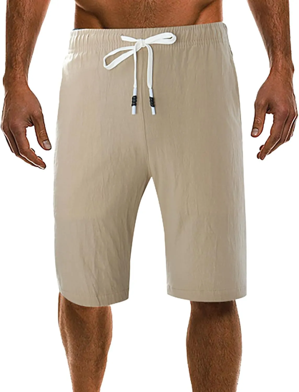 Men's Linen Summer Shorts Elastic Waist Drawstring Summer Beach Shorts