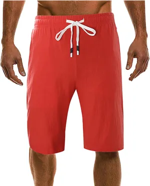 Men's Linen Summer Shorts Elastic Waist Drawstring Summer Beach Shorts