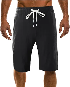 Men's Linen Summer Shorts Elastic Waist Drawstring Summer Beach Shorts