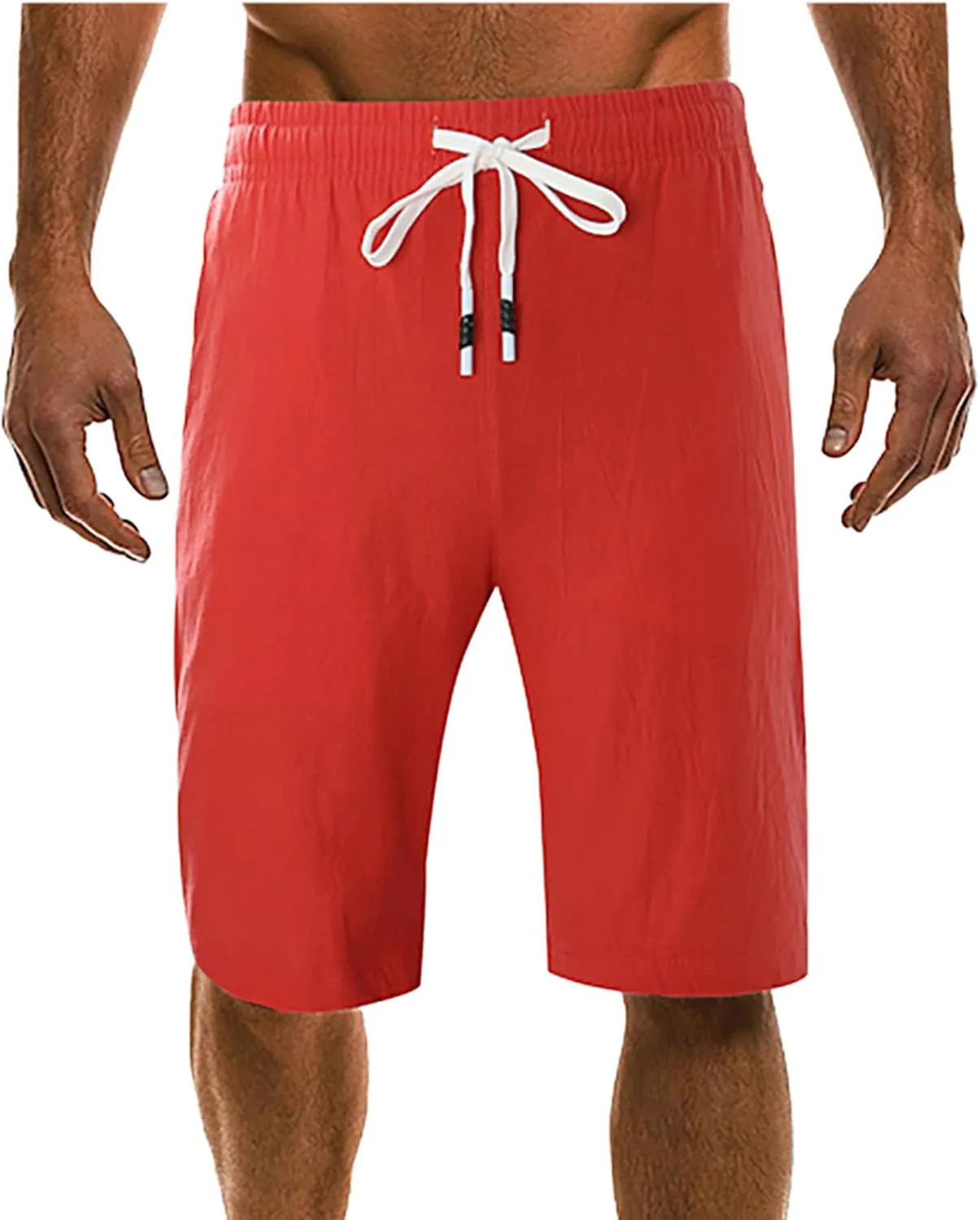 Men's Linen Summer Shorts Elastic Waist Drawstring Summer Beach Shorts