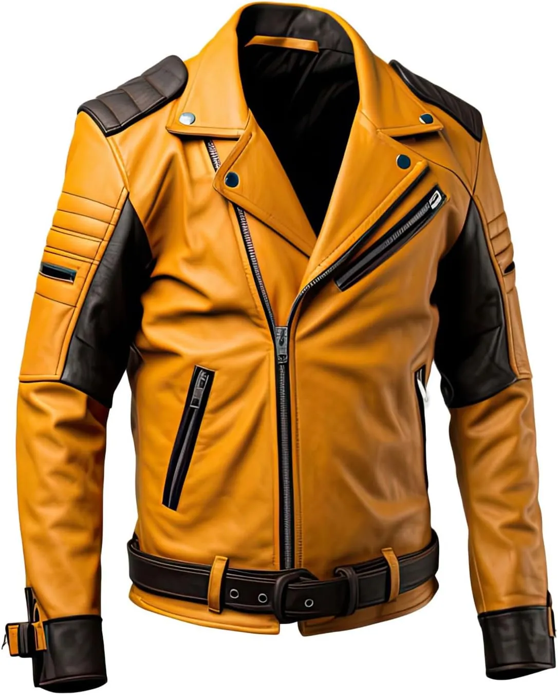 Mens Mustard Brown Genuine Sheepskin Crossover Biker Lapel Collar Quilted Belted Slim-fit Classy Moto Biker Leather Jacket