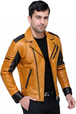 Mens Mustard Brown Genuine Sheepskin Crossover Biker Lapel Collar Quilted Belted Slim-fit Classy Moto Biker Leather Jacket