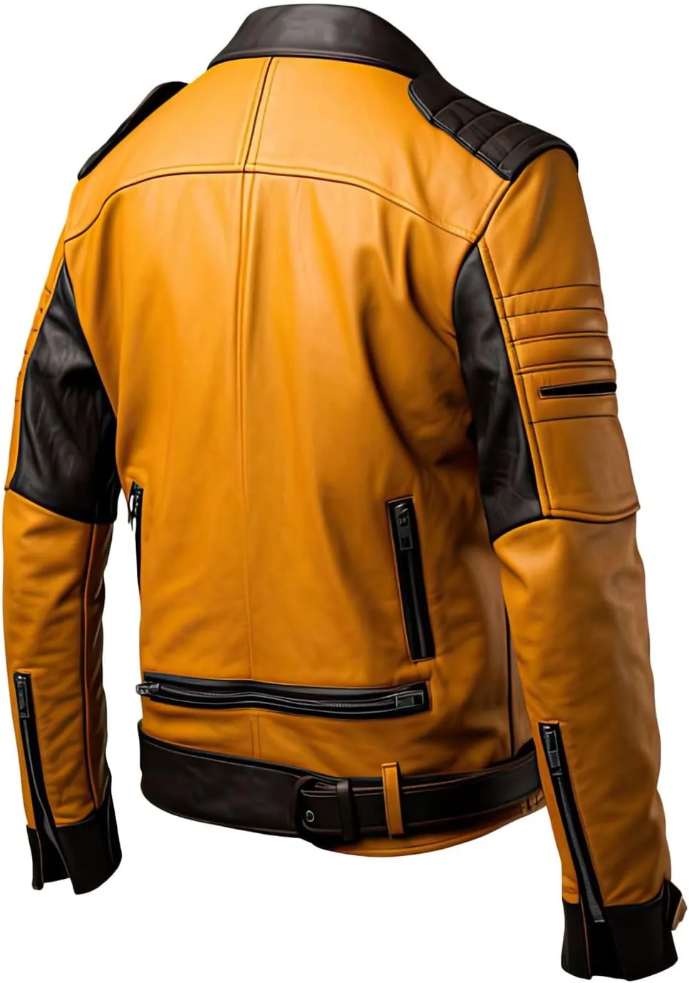 Mens Mustard Brown Genuine Sheepskin Crossover Biker Lapel Collar Quilted Belted Slim-fit Classy Moto Biker Leather Jacket