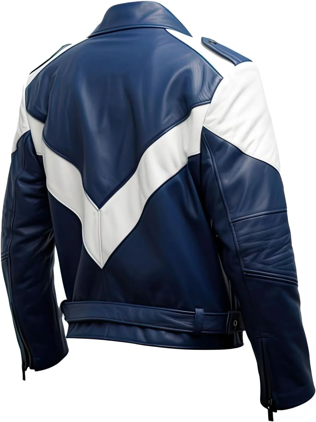 Men's Navy Blue & White Genuine Sheepskin Leather Moto Jacket with Asymmetric Lapel, Belted Crossover, and Soft Biker Style.