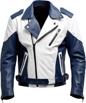 Men's Navy Blue & White Genuine Sheepskin Leather Moto Jacket with Asymmetric Lapel, Belted Crossover, and Soft Biker Style.