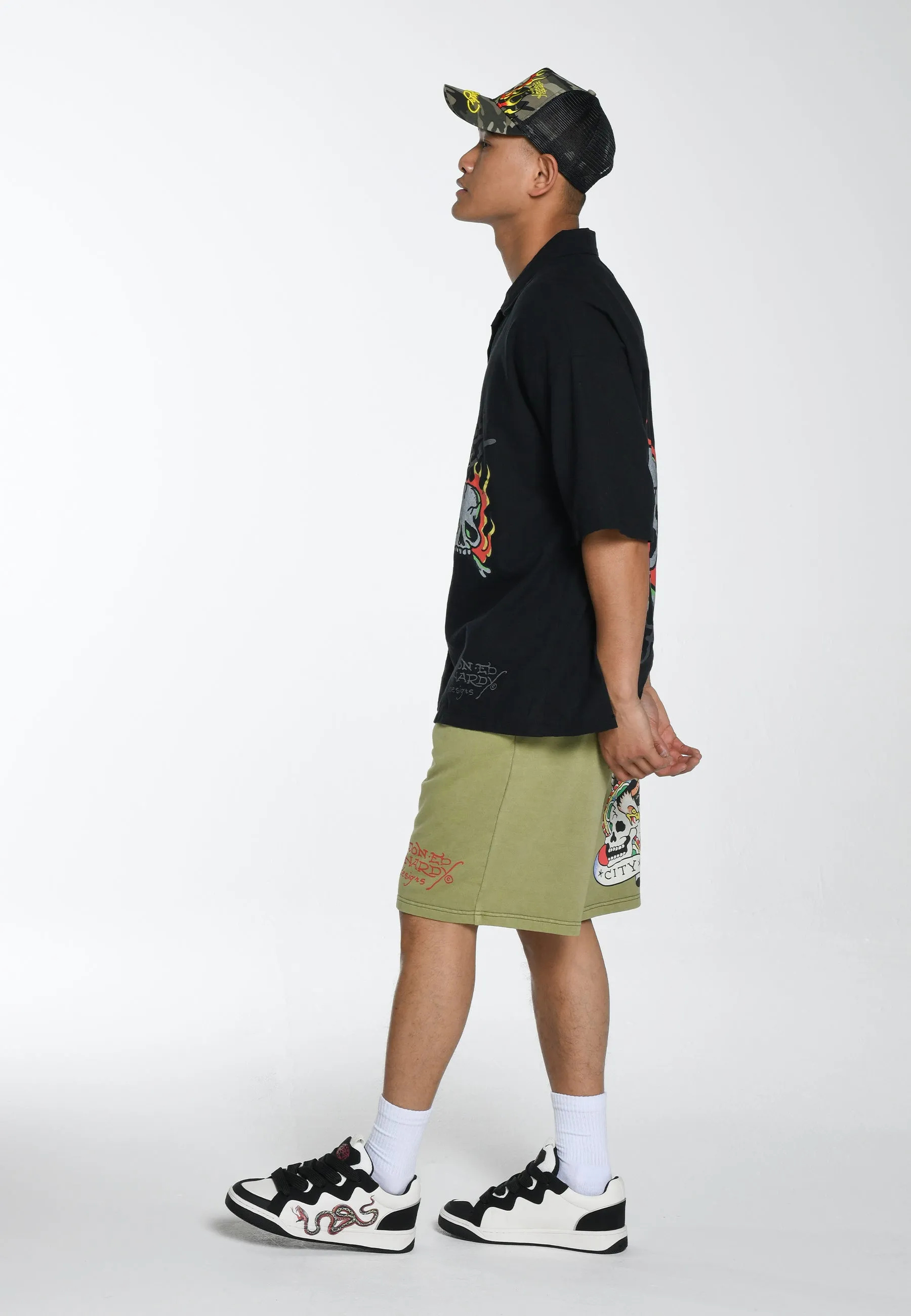 Mens Nyc Skull Sweat Shorts - Washed Green