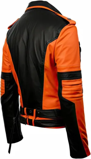 Men's Orange Black Artificial Sheepskin Leather Asymmetric Crossover Lapel Collar Quilted Stylish Punk Moto Biker Jacket