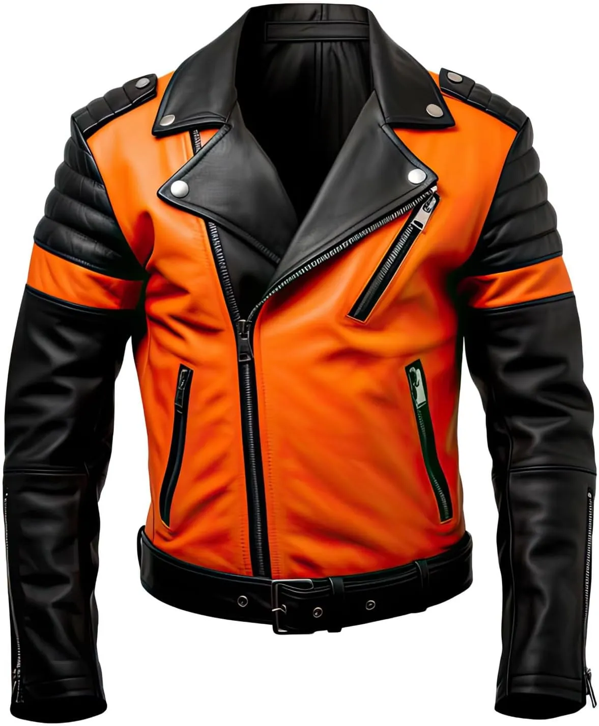 Men's Orange Black Sheepskin Biker Jacket - Asymmetric Crossover, Belted, Stylish Lapel Collar, Moto Leather