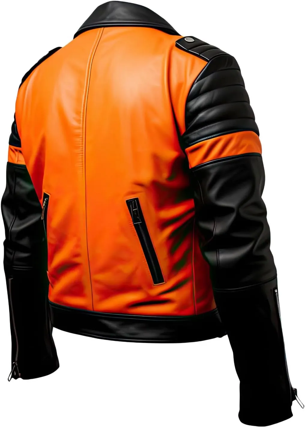Men's Orange Black Sheepskin Biker Jacket - Asymmetric Crossover, Belted, Stylish Lapel Collar, Moto Leather