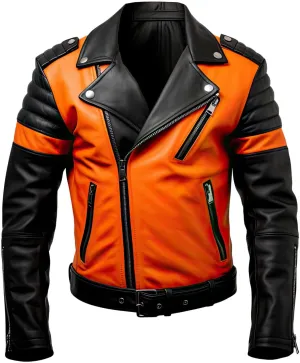 Men's Orange Black Sheepskin Biker Jacket - Asymmetric Crossover, Belted, Stylish Lapel Collar, Moto Leather