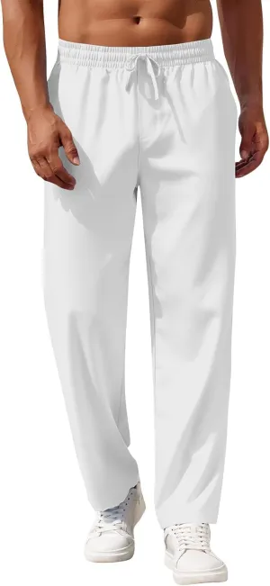 Mens Pants Casual Summer Lightweight Elastic Waist Linen Pants Baggy Business Work Pants with Pockets Trousers Pants