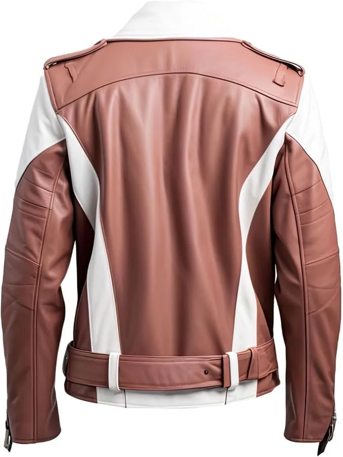 Men's Rosy Brown Genuine Sheepskin Leather Jacket Asymmetric Fashionable Belted Moto Racer Style