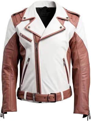 Men's Rosy Brown Genuine Sheepskin Leather Jacket Asymmetric Fashionable Belted Moto Racer Style