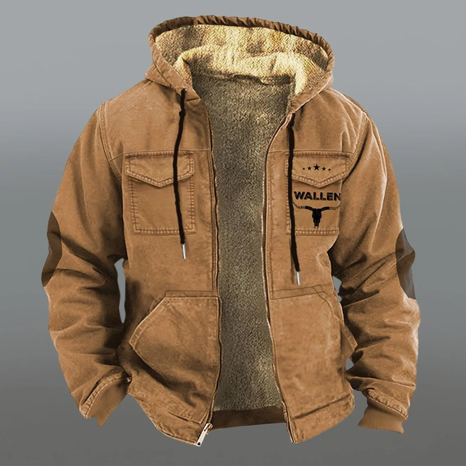 Mens Velvet Thickened Double Pocket Western Cow 3D Printed Hooded Brown Warm Cotton Jacket